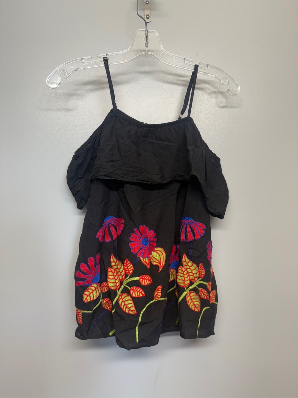 Posh Black Floral Embroidered Off-Shoulder Ruffle Tank Top